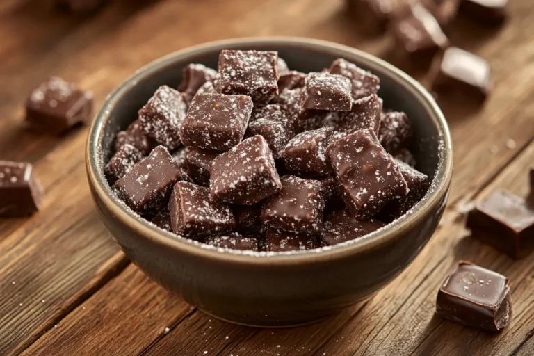 Bowl of homemade Muddy Buddies with powdered sugar
