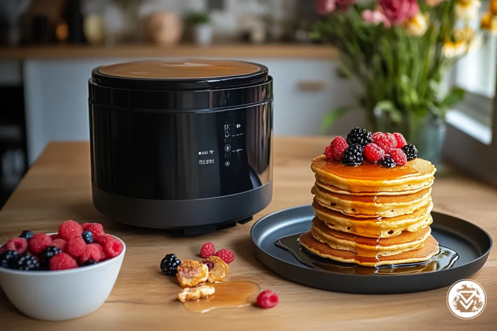 Pancake batter being poured from a soup maker into a frying pan
