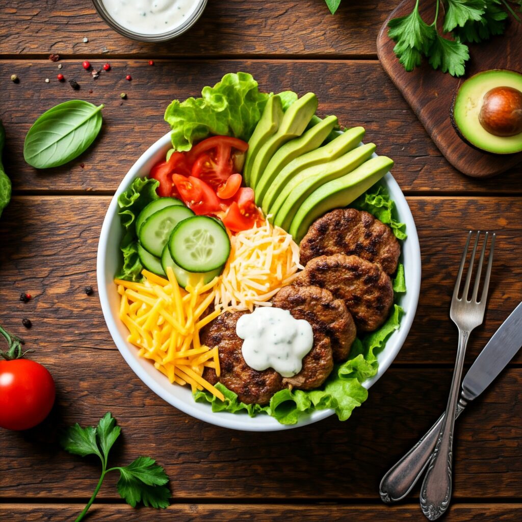 A vegetarian burger bowl with a mix of roasted chickpeas