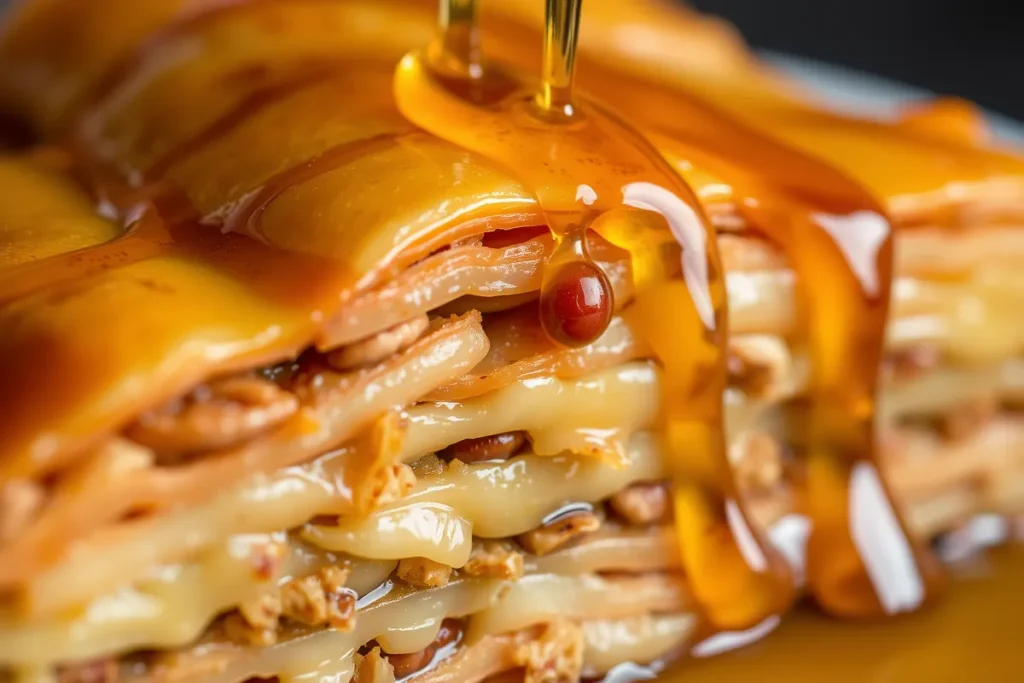 A close-up of baklava showing its golden phyllo layers, finely chopped nuts, and a glossy drizzle of honey syrup, glistening under warm lighting.