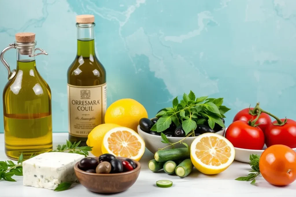 A display of Greek cooking essentials: olive oil, oregano, feta cheese, Kalamata olives, fresh lemons, and seasonal vegetables like cucumbers and tomatoes.