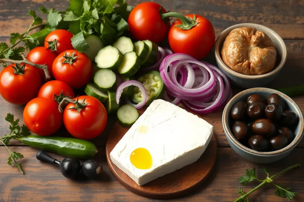A rustic preparation scene with tomatoes, cucumbers, red onions, green peppers, Kalamata olives, and a block of feta ready to be dressed with olive oil.