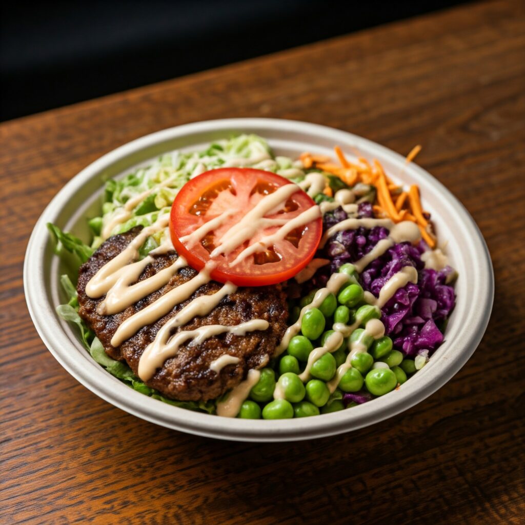 Step-by-step depiction of cooking a burger bowl: