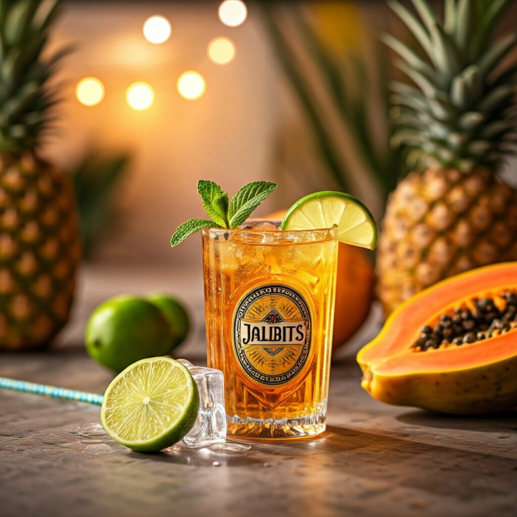 Finished Jalbitedrinks liquor served in an elegant tumbler over ice, garnished with lime, mint, and pineapple, set on a tropical-patterned napkin