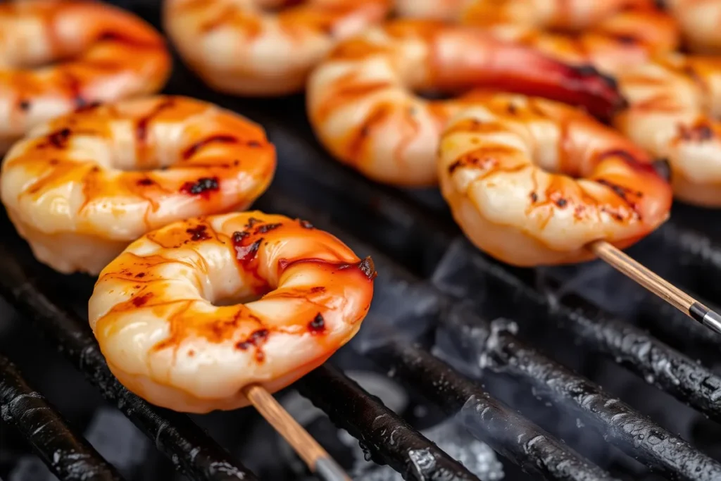 Skewered shrimp cooking over flames	