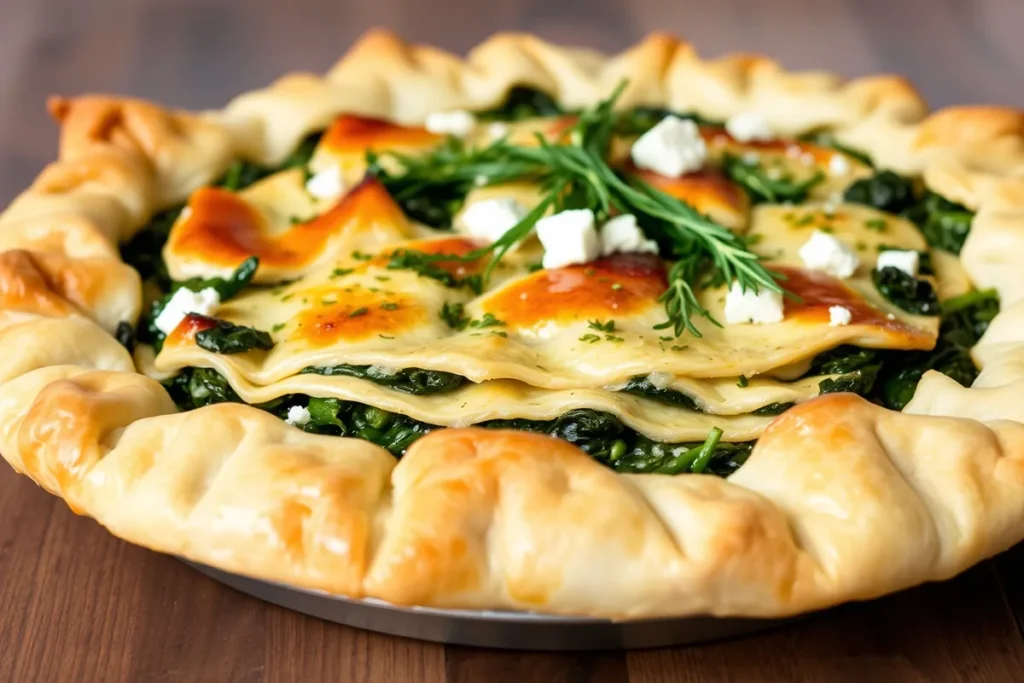 A perfectly baked spanakopita pie featuring golden layers of flaky phyllo dough stuffed with spinach, feta cheese, and fresh dill.