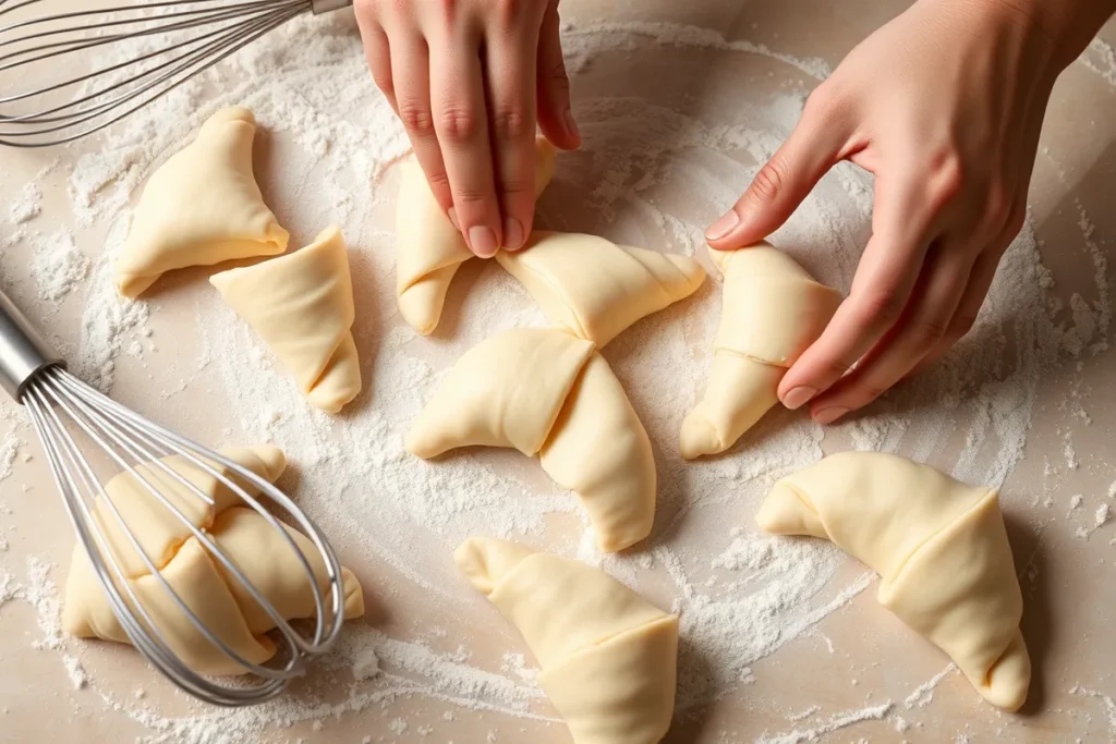Hands shaping smooth, golden dough into crescent rolls on a floured surface, surrounded by cut triangles, a whisk, and scattered flour for Gipfeli preparation