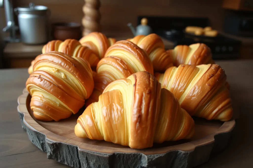A rustic tray filled with golden-brown, freshly baked croissants with flaky layers, displayed in a cozy kitchen setting with soft, warm lighting