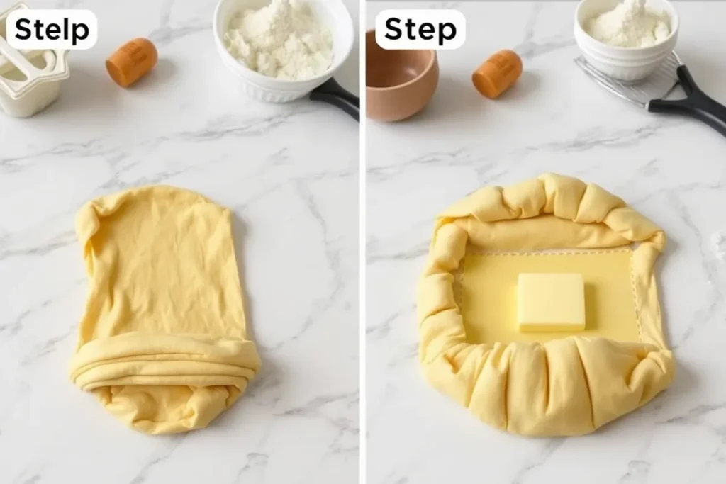 Close-up view of the croissant lamination process, showing dough being folded with butter on a marble counter, surrounded by baking tools