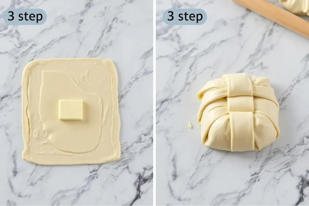 Step-by-step visual of the croissant lamination process, showcasing dough folding with a sheet of butter in the center, placed on a marble counter with baking tools in the background