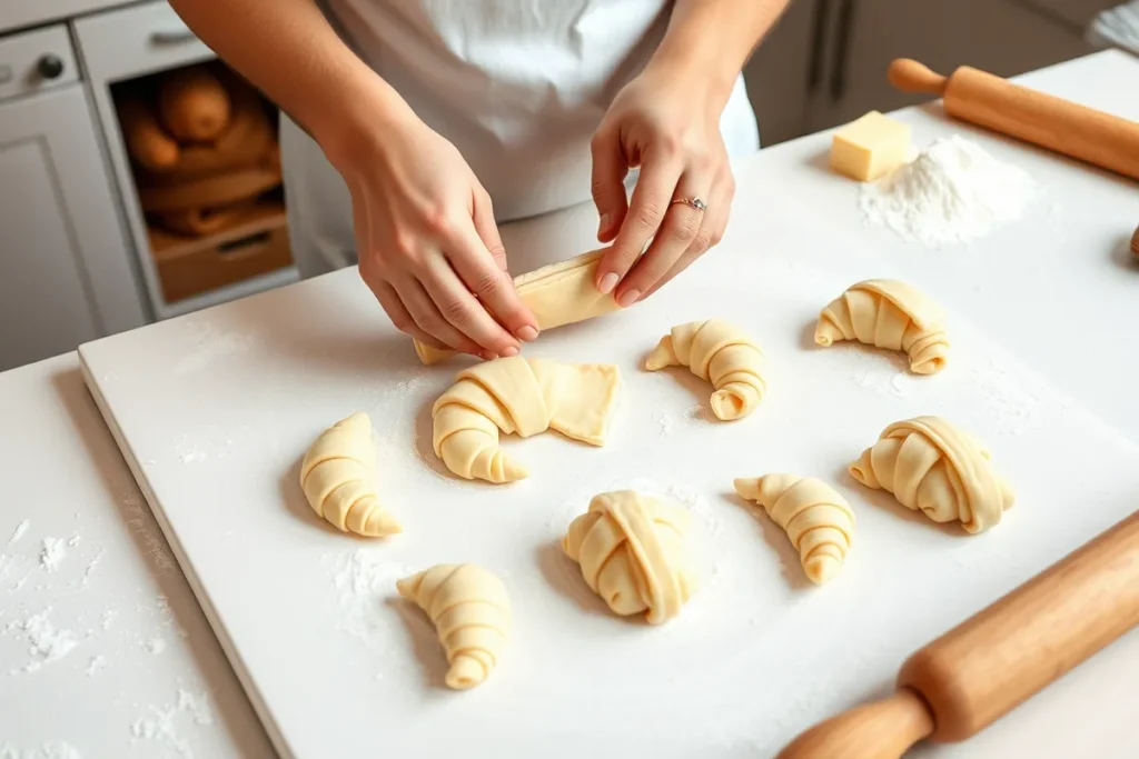 A baker shaping croissants by hand, rolling triangular pieces of dough into crescent shapes on a clean surface, with a warm bakery ambiance and ingredients like flour, butter, and rolling pin nearby