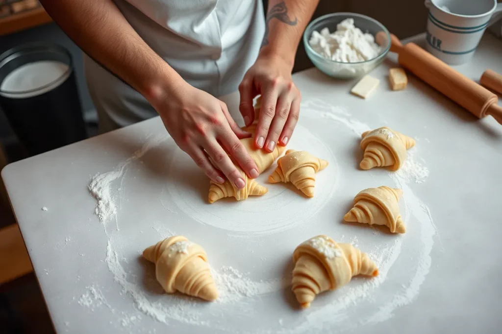 A baker's hands shaping croissants by rolling triangular dough pieces into crescents, on a clean surface with flour, butter, and a rolling pin nearby