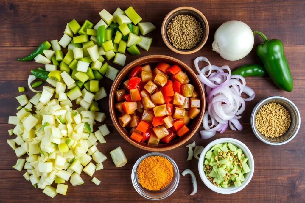 Chopped vegetables like cabbage, green tomatoes, onions, and bell peppers with bowls of mustard seeds, celery seeds, and turmeric on a wooden surface