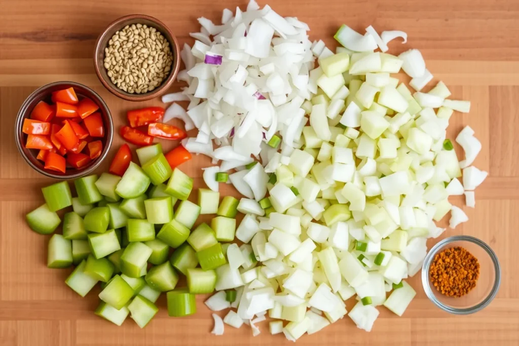 Home preparation of chow chow with vegetables being mixed in a bowl, surrounded by jars of vinegar, sugar, and spices in a rustic kitchen setting