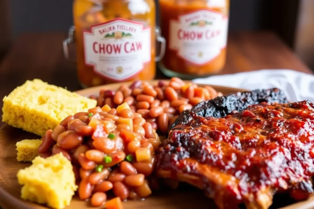 A vibrant platter featuring chow chow served with cornbread, barbecue ribs, and a bowl of beans on a rustic wooden table