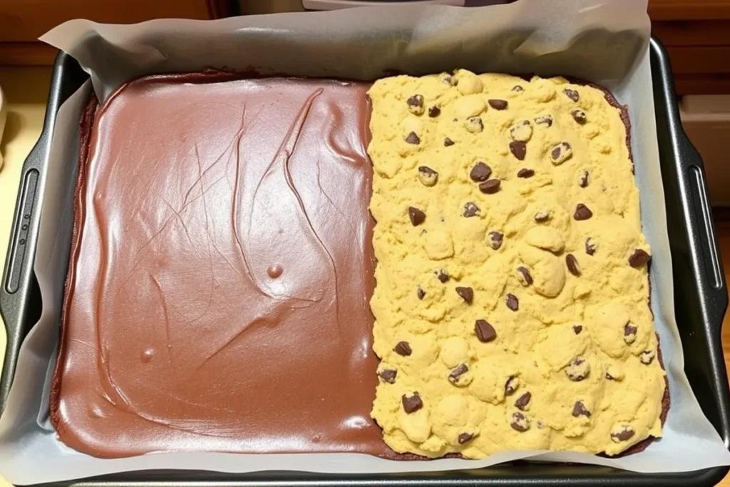 A baking tray lined with parchment paper, showing an even layer of glossy brownie batter and a textured cookie dough topping, ready for the oven with a rustic kitchen setting in the background