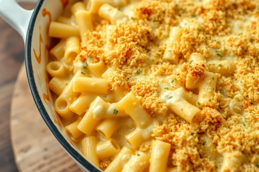 Close-up image of baked cavatappi pasta coated in creamy cheese sauce with a golden breadcrumb crust, served in a casserole dish on a rustic wooden table