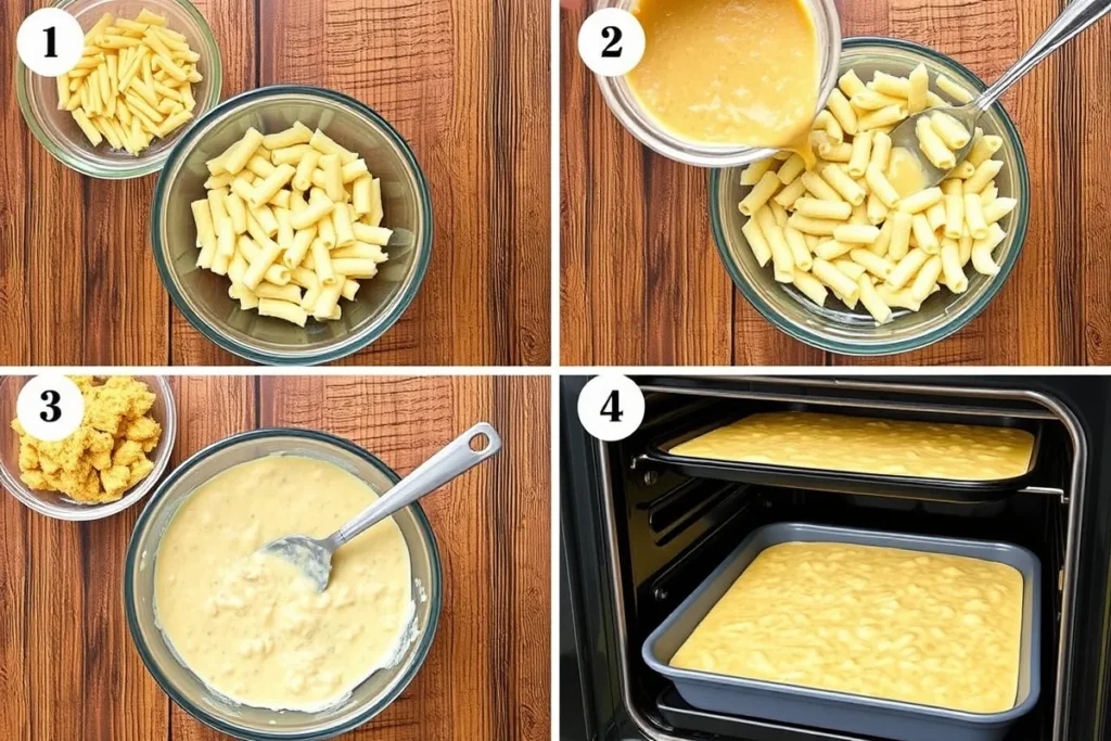 Step-by-step illustration showing the process of making Tini Mac and Cheese, including pasta boiling, roux preparation, cheese sauce mixing, and baking