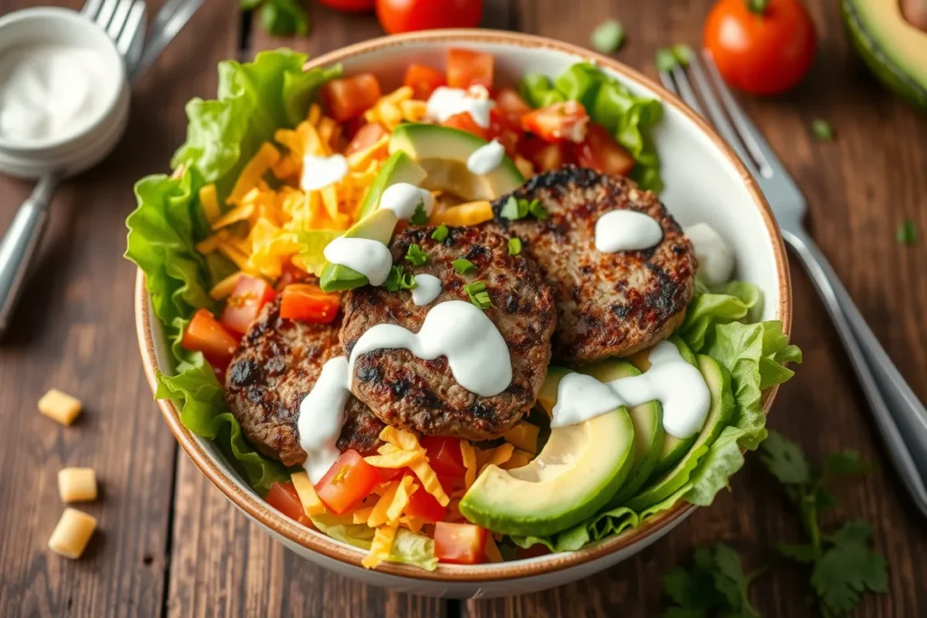 Burger bowl recipe with fresh toppings	