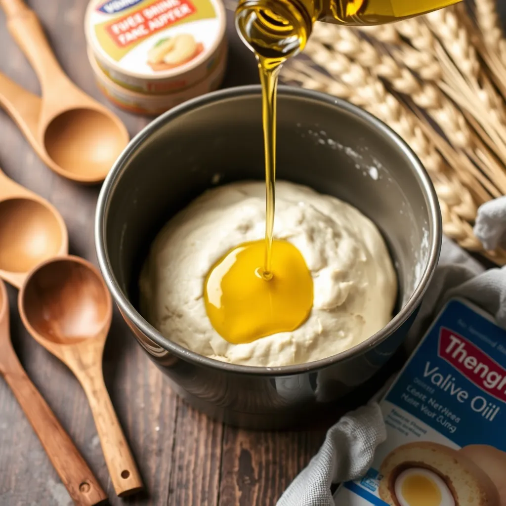 Oil being poured into bread dough for a soft and moist crumb