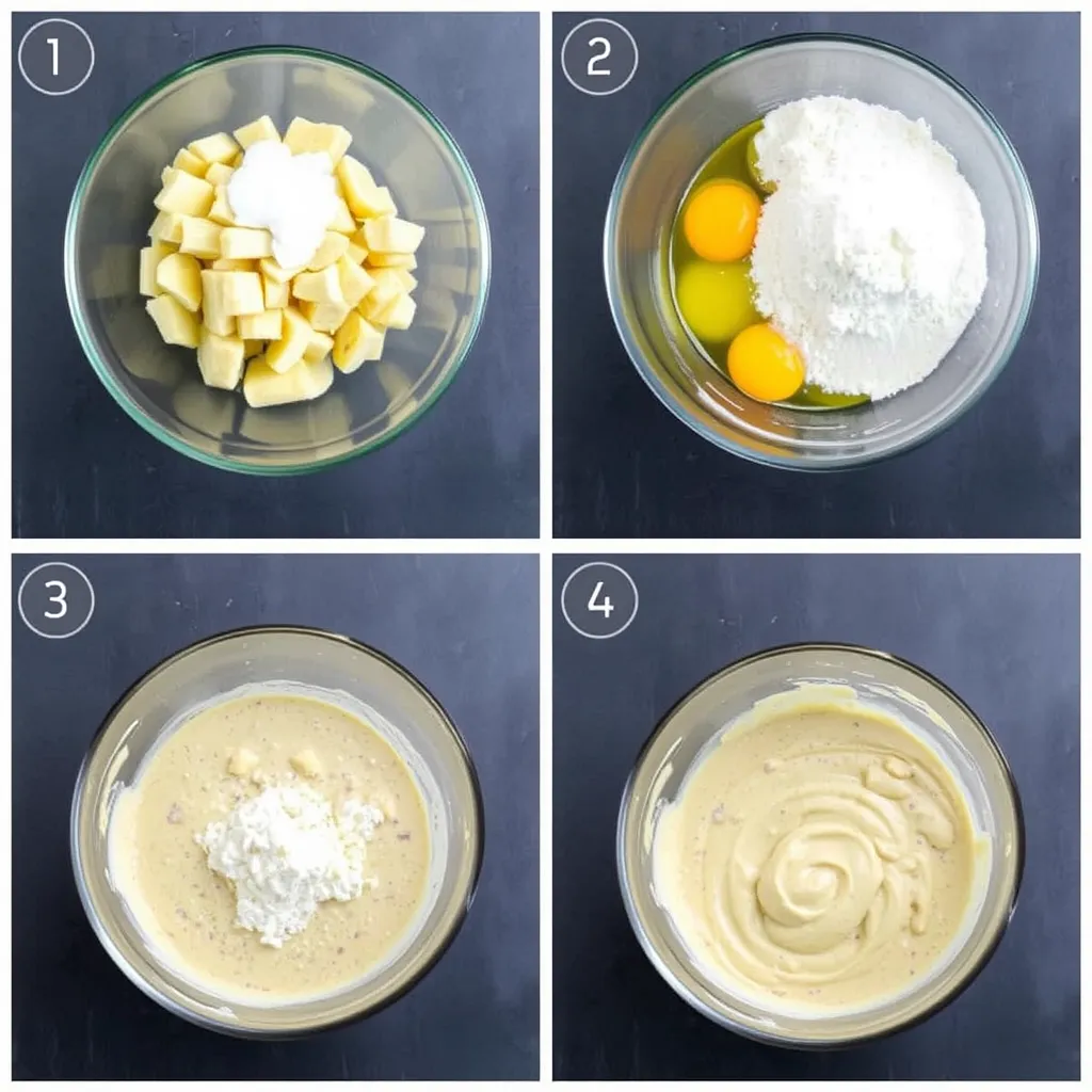 Banana bread ingredients including mashed bananas, flour, eggs, and sugar arranged on a wooden countertop