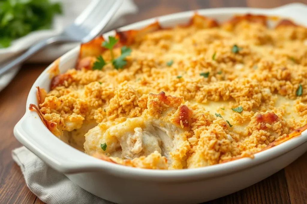 A top-down view of a freshly baked chicken casserole in a rustic ceramic dish. The dish features a golden, crispy breadcrumb topping with visible melted cheese bubbling at the edges. A sprig of fresh thyme is placed on top as a garnish, with a wooden spoon resting beside the dish on a textured linen napkin. The background includes a small bowl of seasoning spices and a jar of chicken broth.

