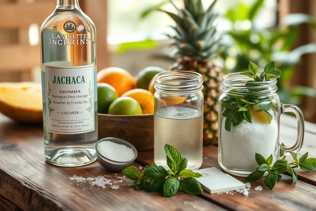 Essential ingredients for Jalbitedrinks liquor recipe, including tropical fruits, fresh herbs, sugar, and a bottle of clear alcohol arranged on a wooden table