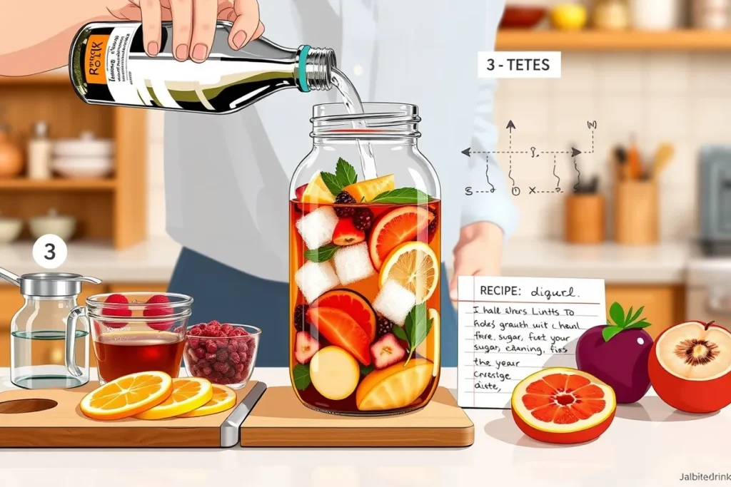 Glass jar filled with sliced fruits, mint, and sugar, being infused with clear alcohol to prepare Jalbitedrinks liquor at home