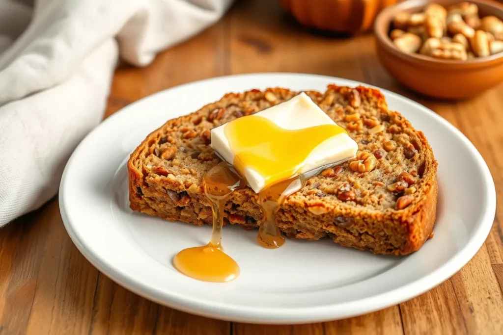 Served slice of date nut bread