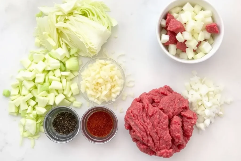 Ground beef and cabbage ingredients