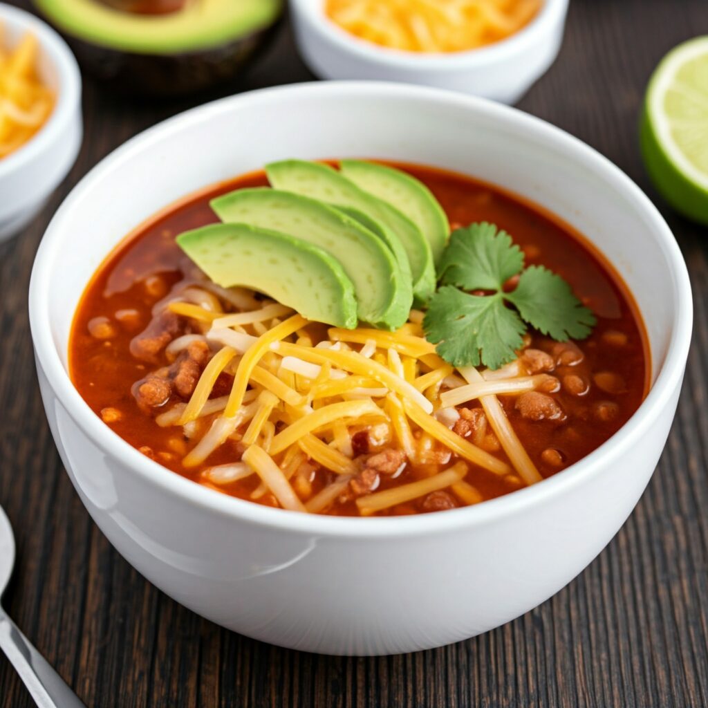 Garnished taco soup serving	