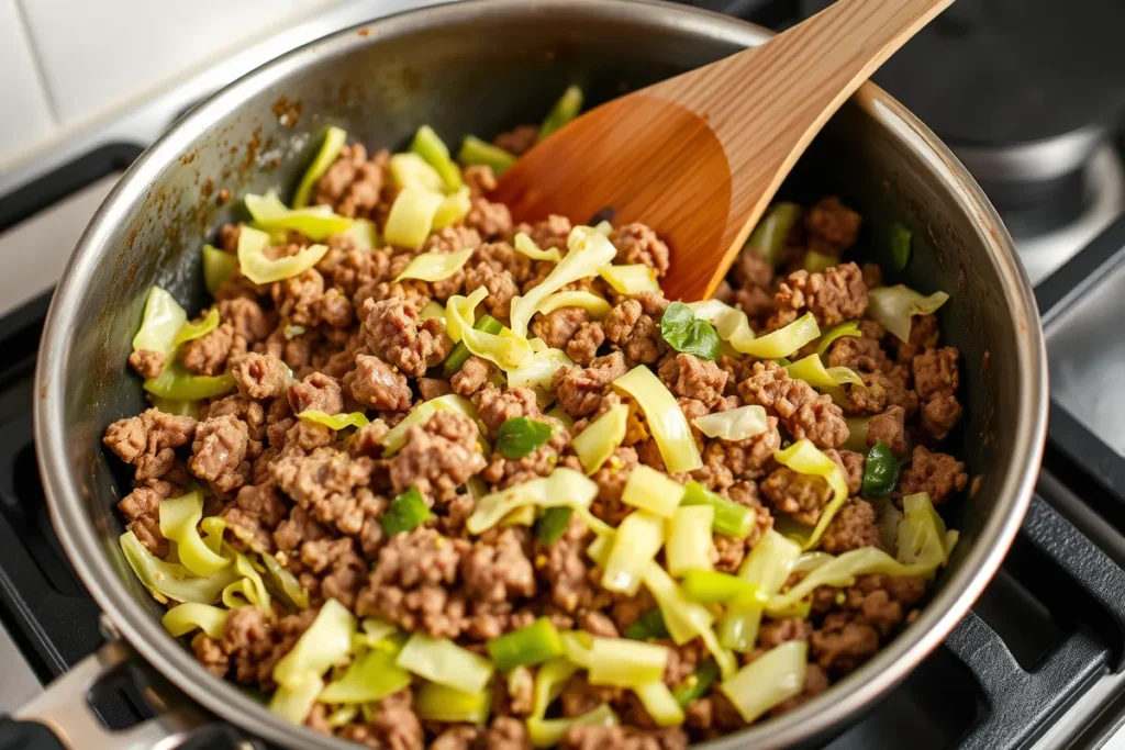 Cooking ground beef and cabbage