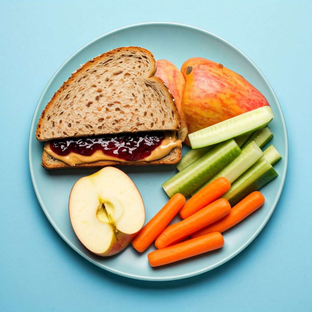 PB&J sandwich paired with fresh fruits and veggies	