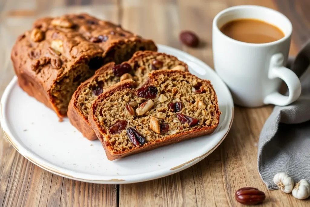 Sliced date nut bread on a plate