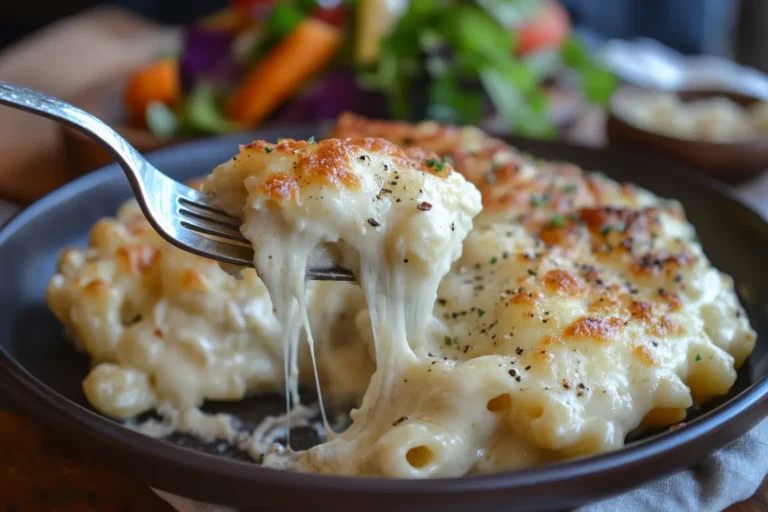 A plated serving of Union Mac and Cheese with a fork lifting a gooey, cheesy bite, accompanied by a fresh side salad and roasted vegetables.