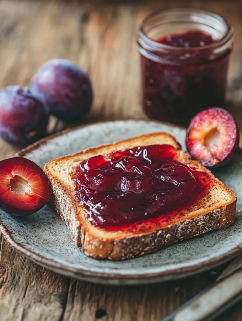 Plum jelly spread on toast with fresh plums