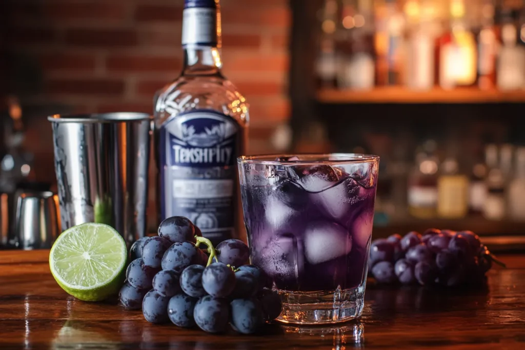 Vodka, grape juice, and ginger ale on a bar counter	