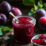 Homemade plum jelly in a glass jar