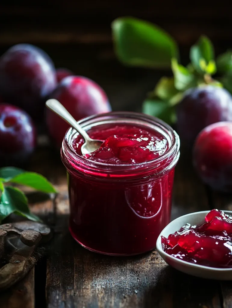 Homemade plum jelly in a glass jar