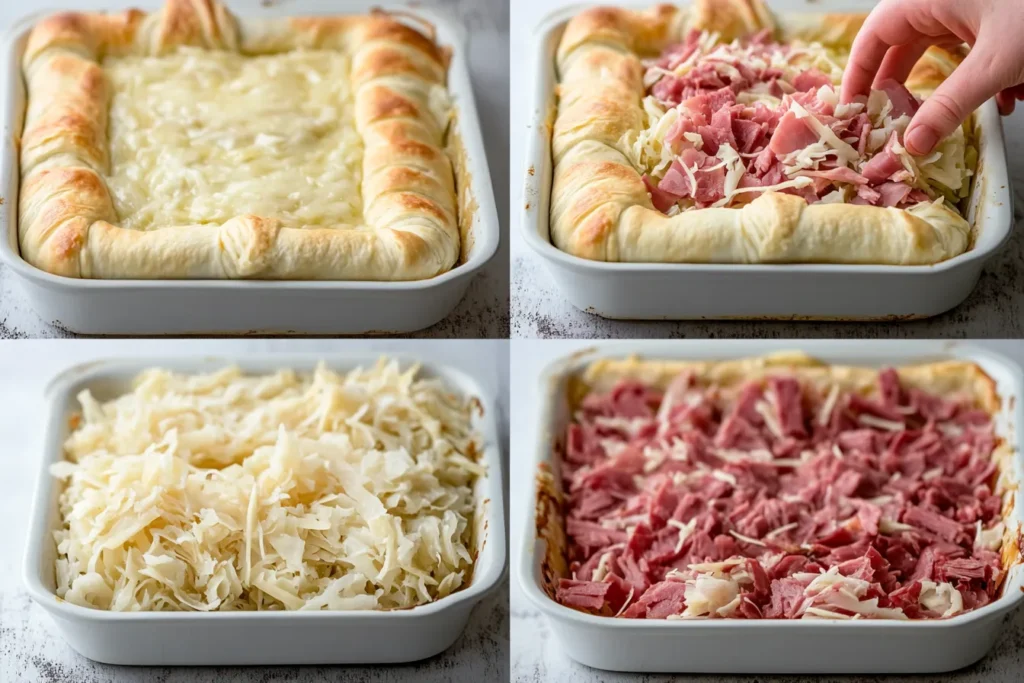 Step-by-step layering of Reuben Crescent Bake ingredients