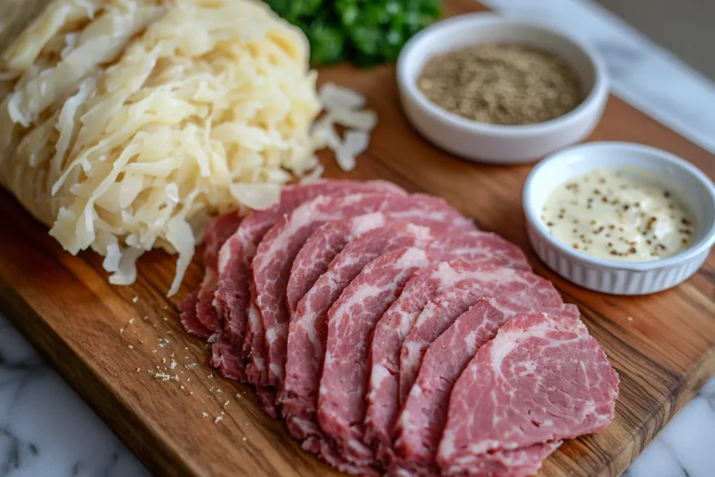 Sliced corned beef, Swiss cheese, sauerkraut, and crescent roll dough on a wooden board