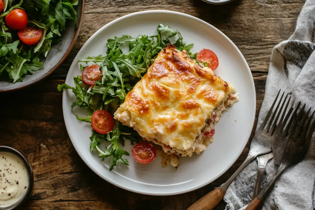 A plated serving of Reuben Crescent Bake with a crisp side salad