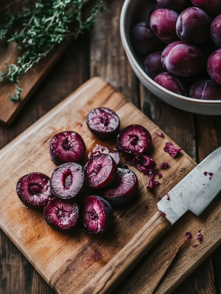 Fresh plums being cut and pitted