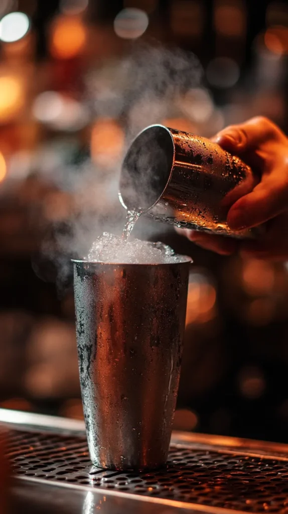 shaking lychee martini in cocktail shaker	
