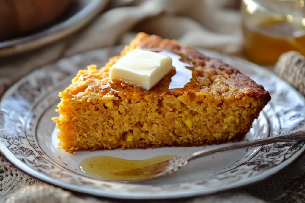 Sliced sweet potato cornbread with honey drizzle	