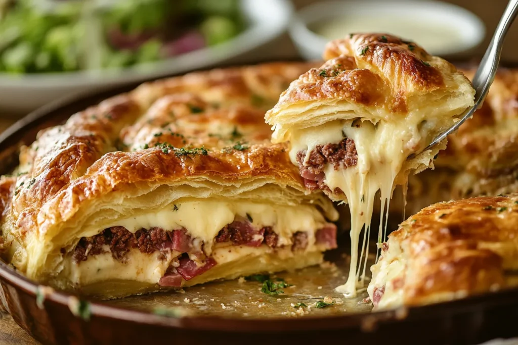 Baked Reuben Crescent Bake being sliced with a spatula