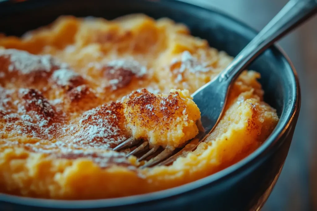 Mashed sweet potato in a bowl with a fork	