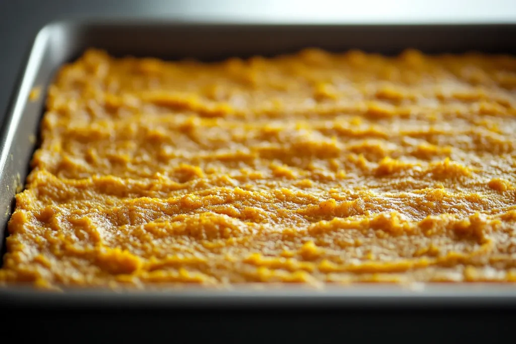 Sweet potato cornbread batter in a baking pan	