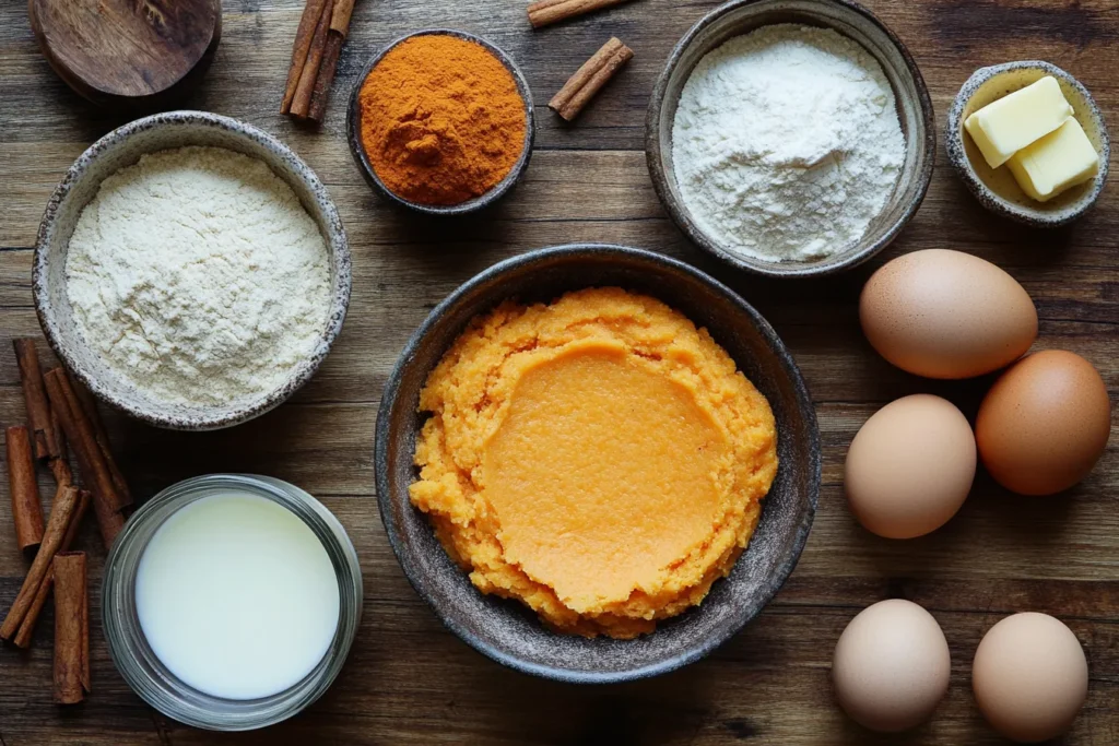 Ingredients for sweet potato cornbread on a wooden table	