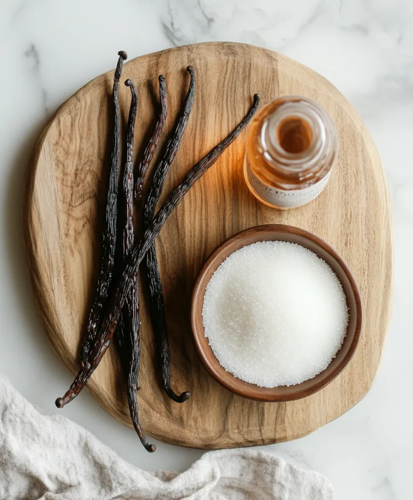 vanilla beans, sugar, and vodka setup	